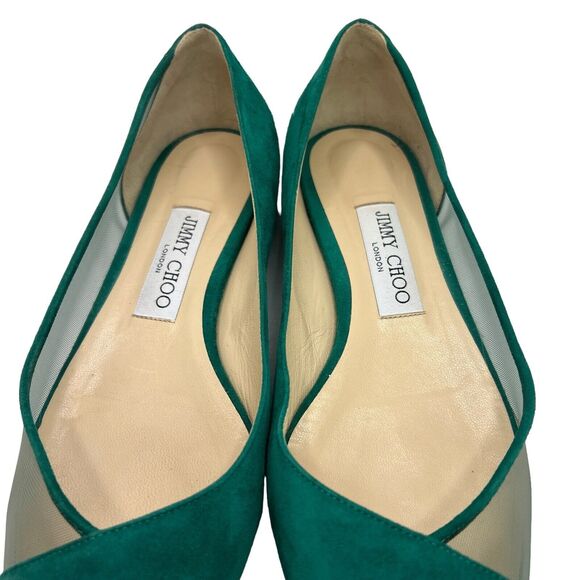 Jimmy Choo Saia Pointed-toe Mesh-panelled Suede Flats In Emerald Size 39 - Picture 6 of 15